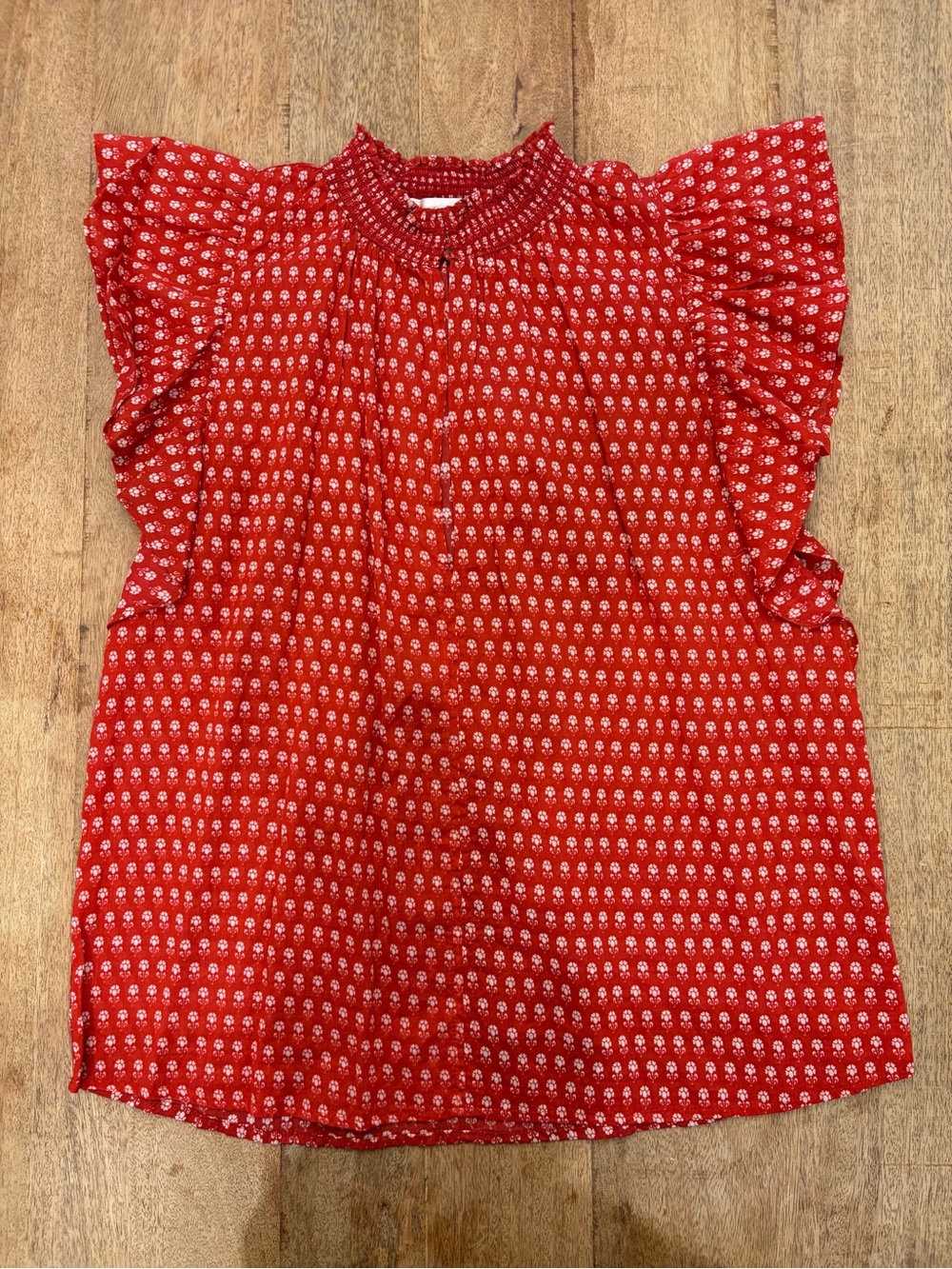 Jude Connally Red Printed Smocked Neck Blouse size Small